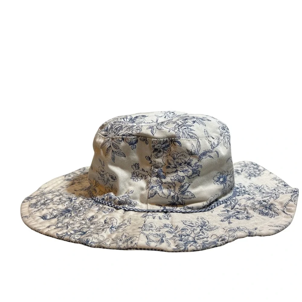 Scala Gal Dorfman Pacific Reversible Sun Hat Blue Floral Toile Gingham Wide Brim